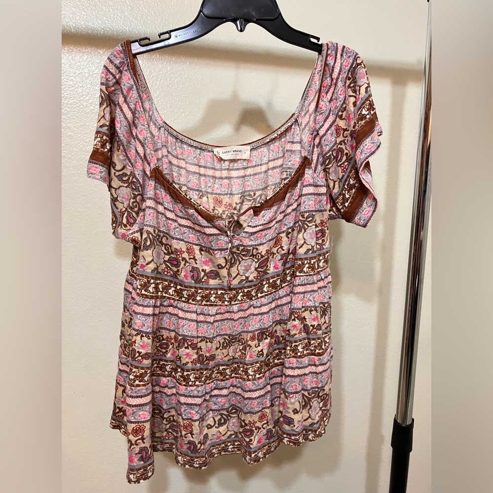 Lucky Brand Pink and Brown Floral Blouse